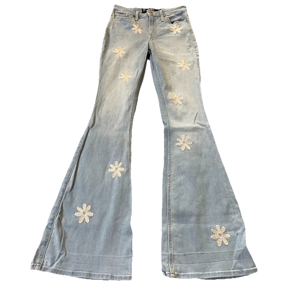 Y2K Hollister Bell Bottom Jeans 24x32 Blue Denim Floral Embroidery Hippie Retro